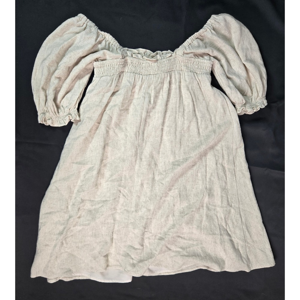 SUGAR+LIPS Off Shoulder Smocked Puff Sleeve Linen Blend Lined Dress Beige Size S - Picture 2 of 8